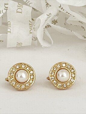 DIOR Vintage Clip-On Pearl Rhinestone Halo Earrings